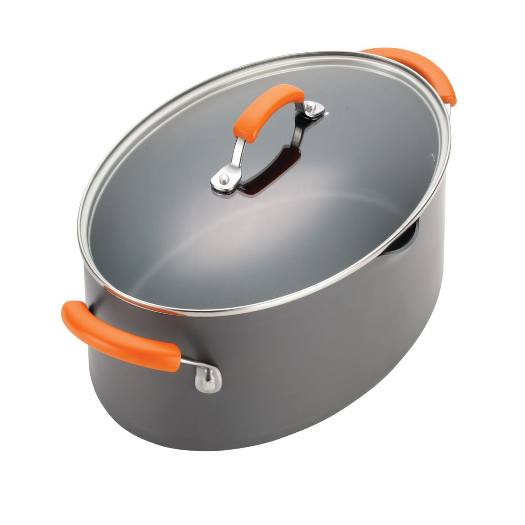 Rachael Ray Brights Hard Anodized Nonstick Stock Pot/Stockpot with Lid, 10  Quart, Gray with Orange Handles