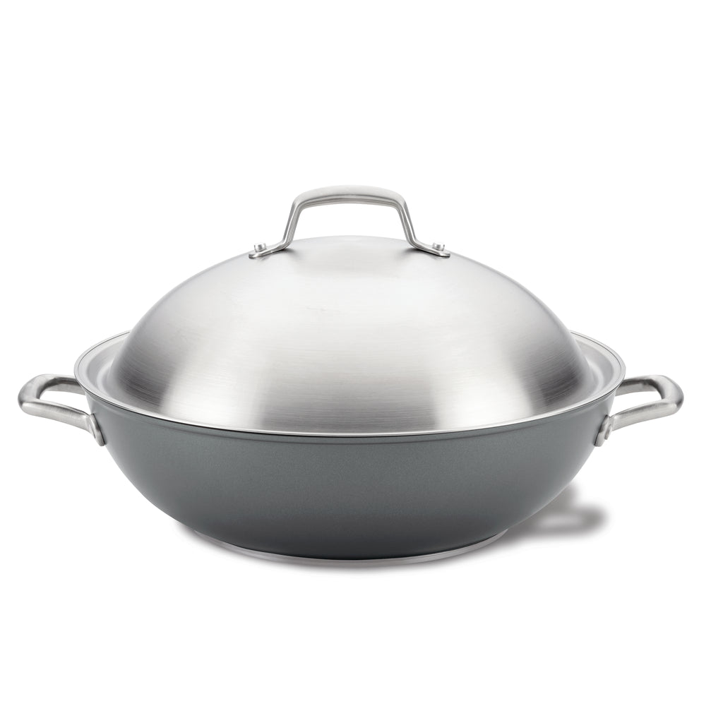 Circulon Clad Stainless Steel Induction Wok with Glass Lid and Hybrid SteelShield and Nonstick Technology, 14-Inch, Silver