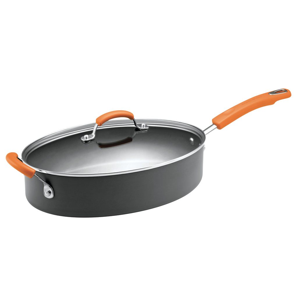 8Quart Hardanodized Nonstick Oval Pasta Pot W/ Lid Pour Spout Gray Orange  Handle